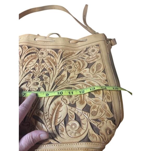 Vintage Hand Tooled Tan Brown Leather Hand / Shoulder Bag Floral Hippie Boho 70s - Picture 9 of 11